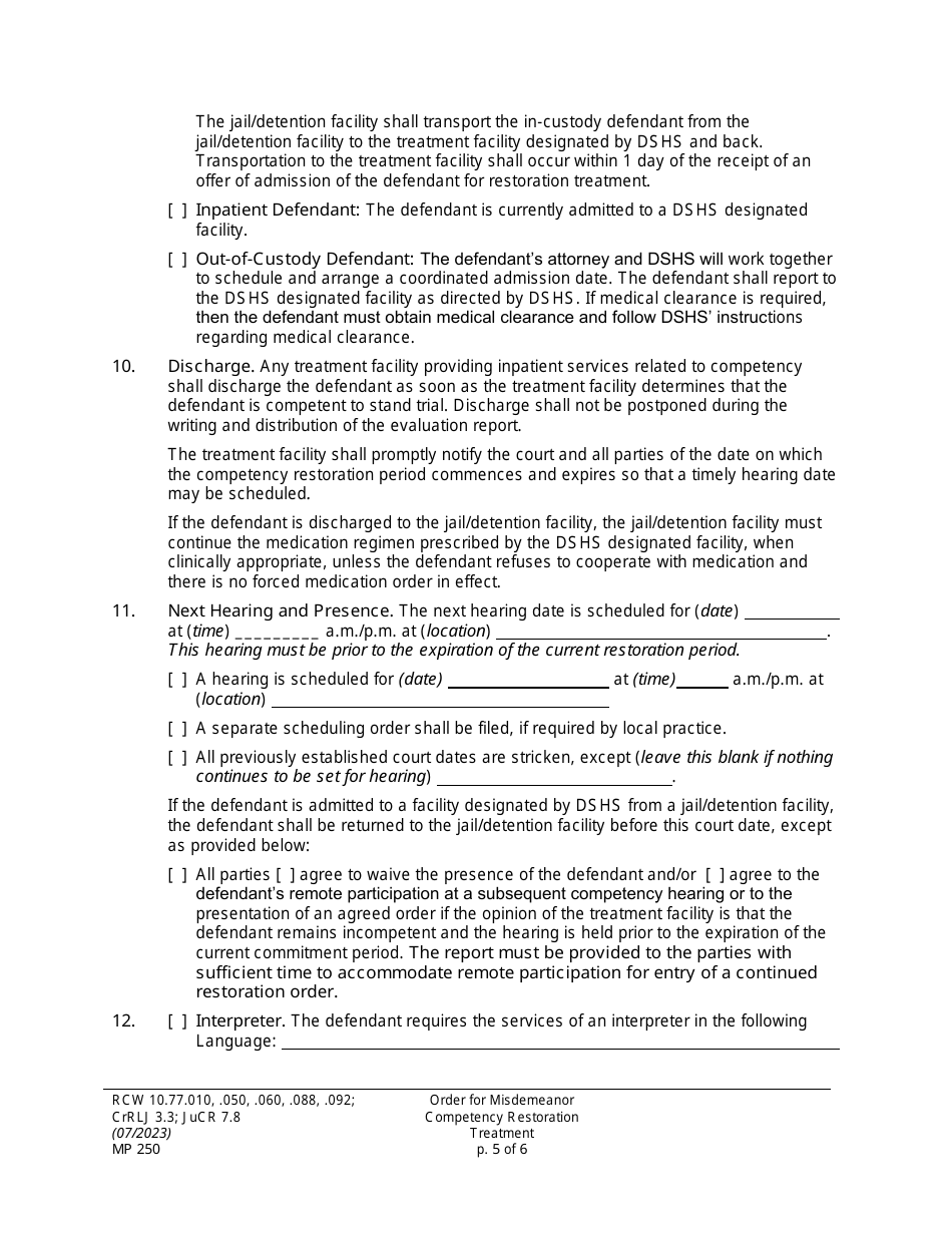 Form MP250 Order for Misdemeanor Competency Restoration Treatment - Washington, Page 5