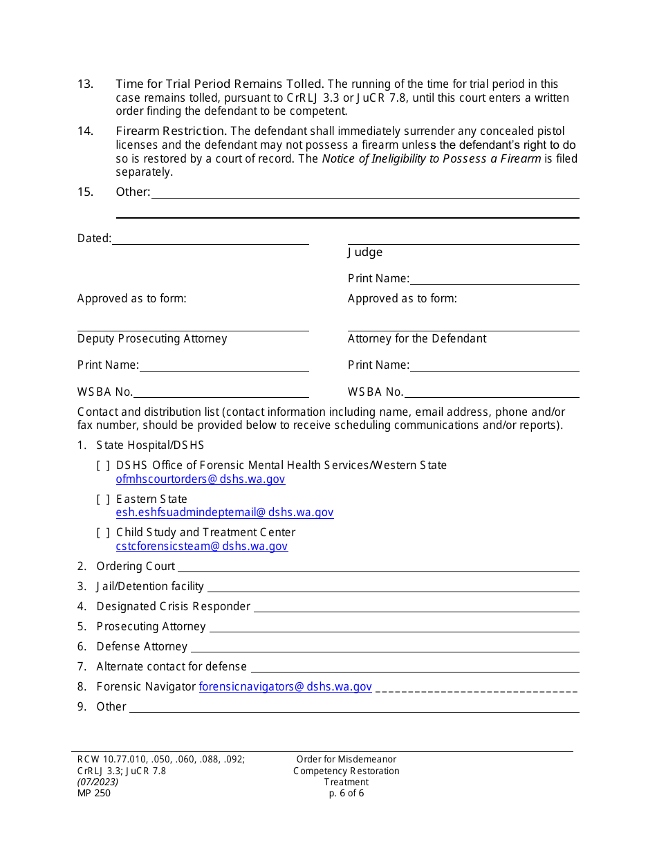 Form MP250 Download Printable PDF or Fill Online Order for Misdemeanor ...