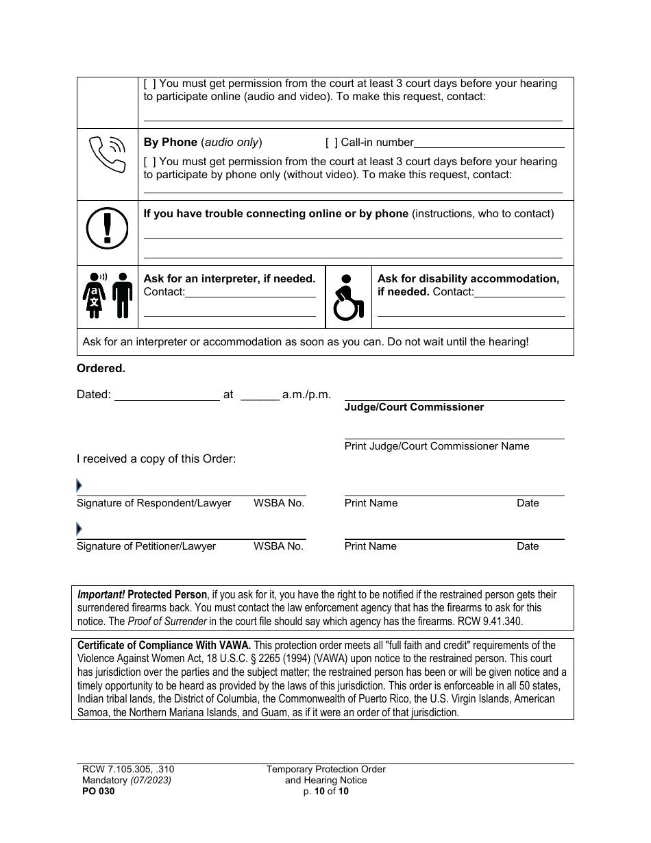 Form PO030 Temporary Protection Order and Hearing Notice - Washington, Page 10