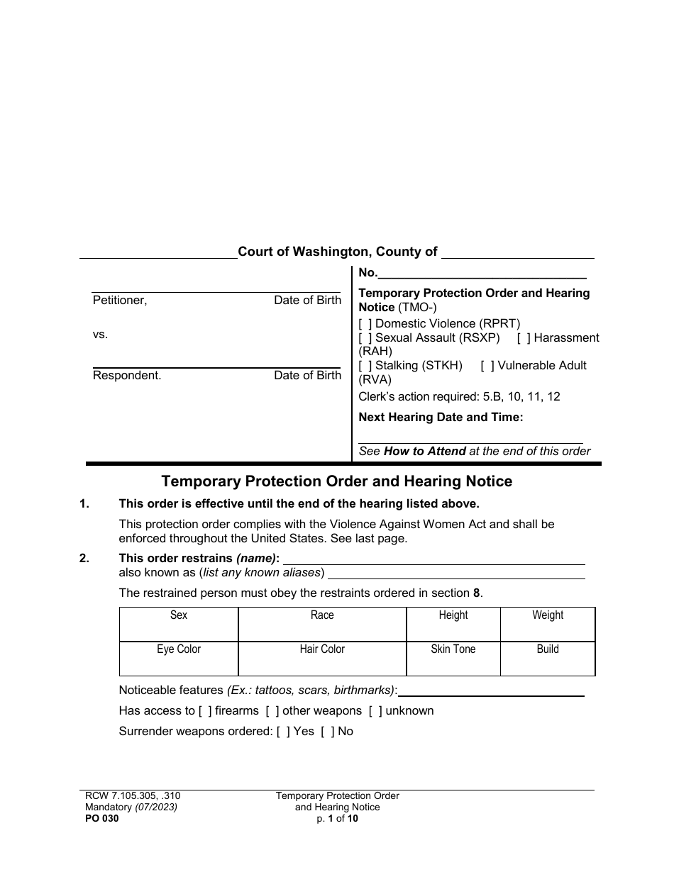 Form PO030 Temporary Protection Order and Hearing Notice - Washington, Page 1