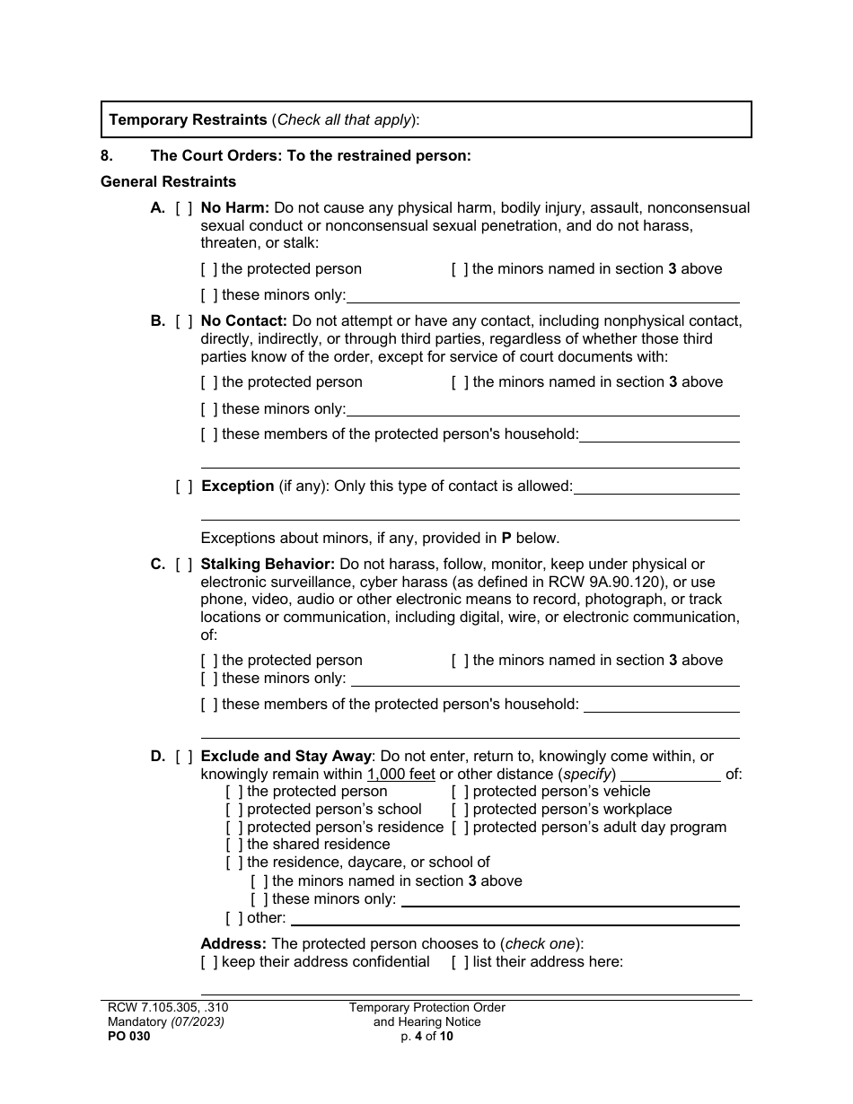 Form PO030 Temporary Protection Order and Hearing Notice - Washington, Page 4
