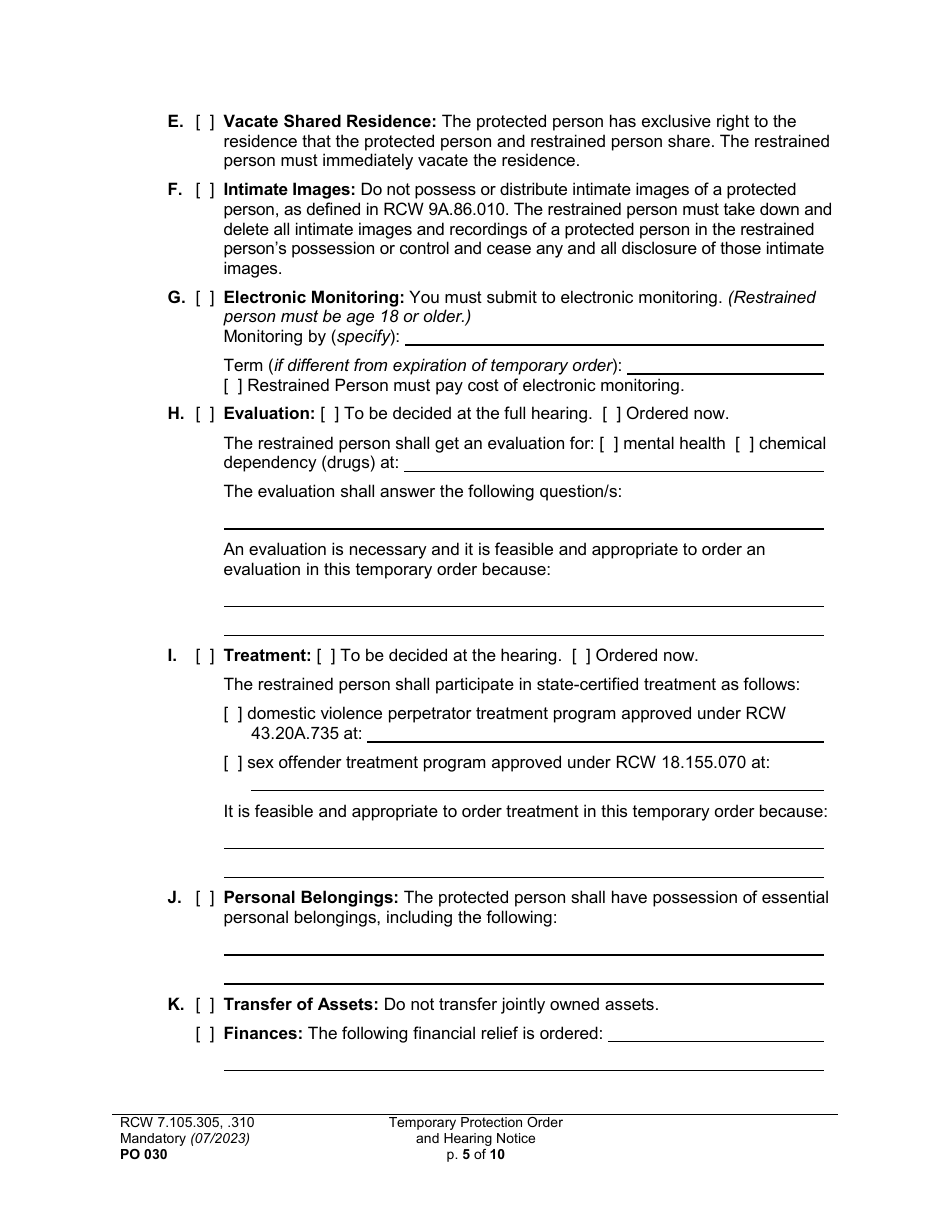 Form PO030 Temporary Protection Order and Hearing Notice - Washington, Page 5