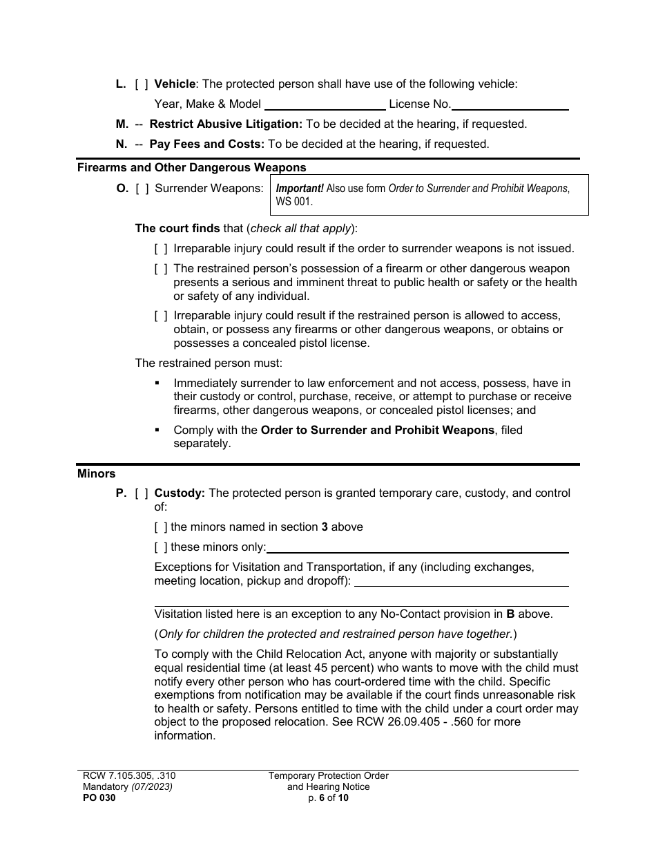 Form PO030 Temporary Protection Order and Hearing Notice - Washington, Page 6