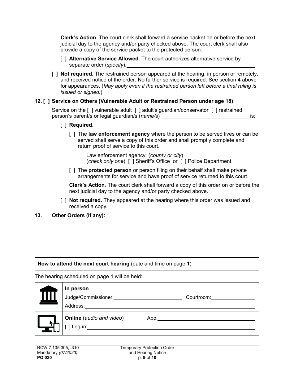 Form PO030 Temporary Protection Order and Hearing Notice - Washington, Page 9