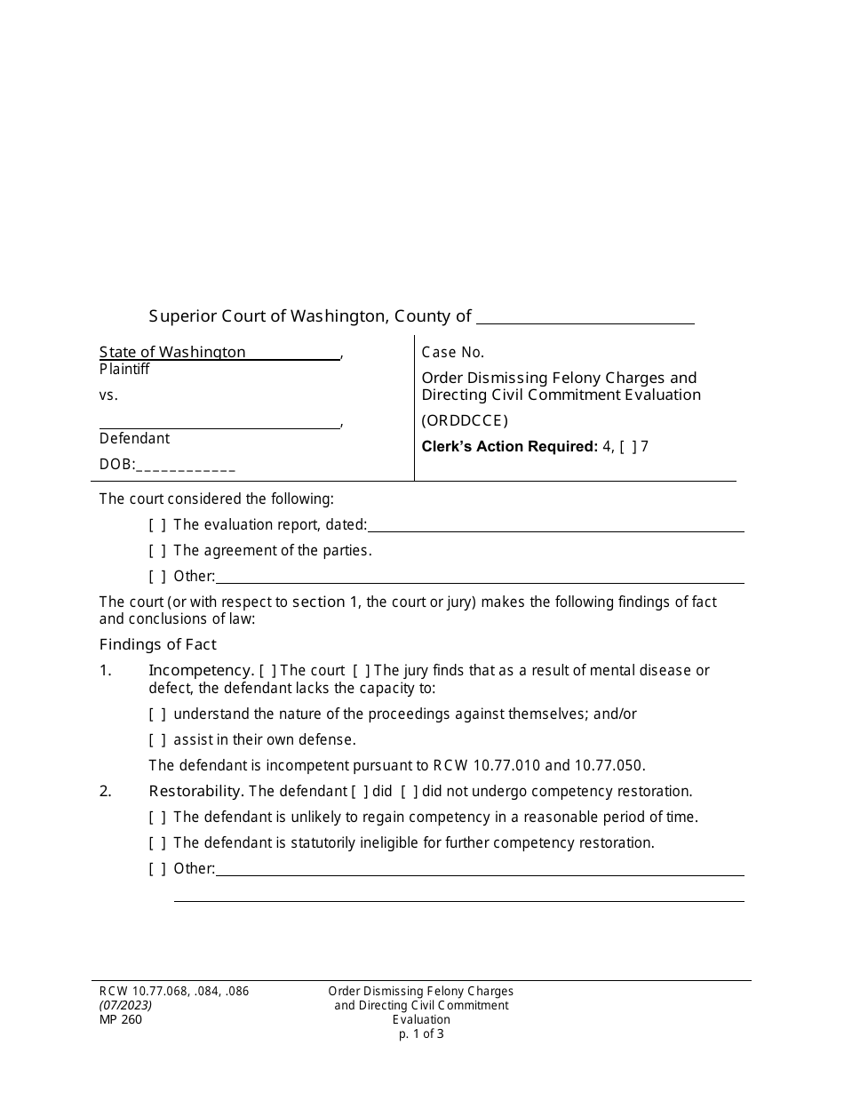 Form MP260 Order Dismissing Felony Charges and Directing Civil Commitment Evaluation - Washington, Page 1
