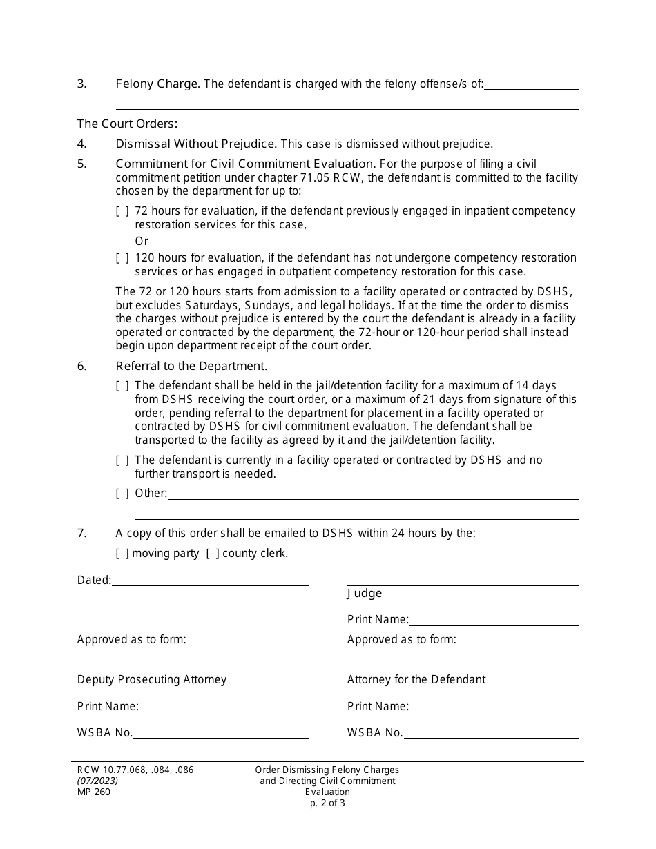 Form MP260 Order Dismissing Felony Charges and Directing Civil Commitment Evaluation - Washington, Page 2