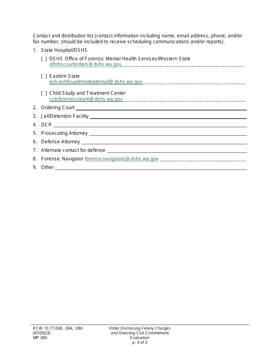 Form MP260 Order Dismissing Felony Charges and Directing Civil Commitment Evaluation - Washington, Page 3