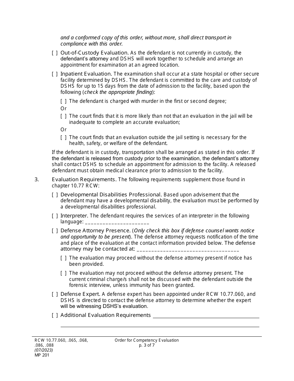 Form MP201 Order for Competency Evaluation Under Rcw 10.77.060 - Washington, Page 3