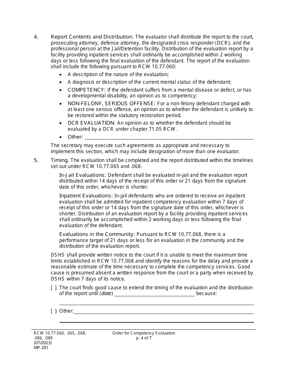 Form MP201 Order for Competency Evaluation Under Rcw 10.77.060 - Washington, Page 4