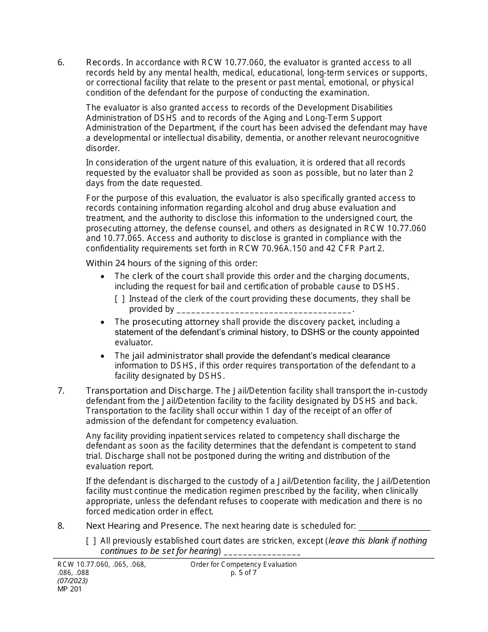 Form MP201 Order for Competency Evaluation Under Rcw 10.77.060 - Washington, Page 5