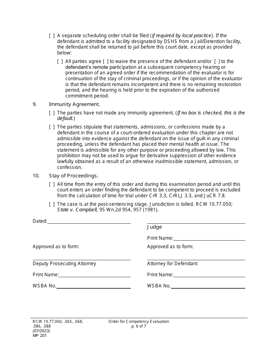 Form MP201 Order for Competency Evaluation Under Rcw 10.77.060 - Washington, Page 6