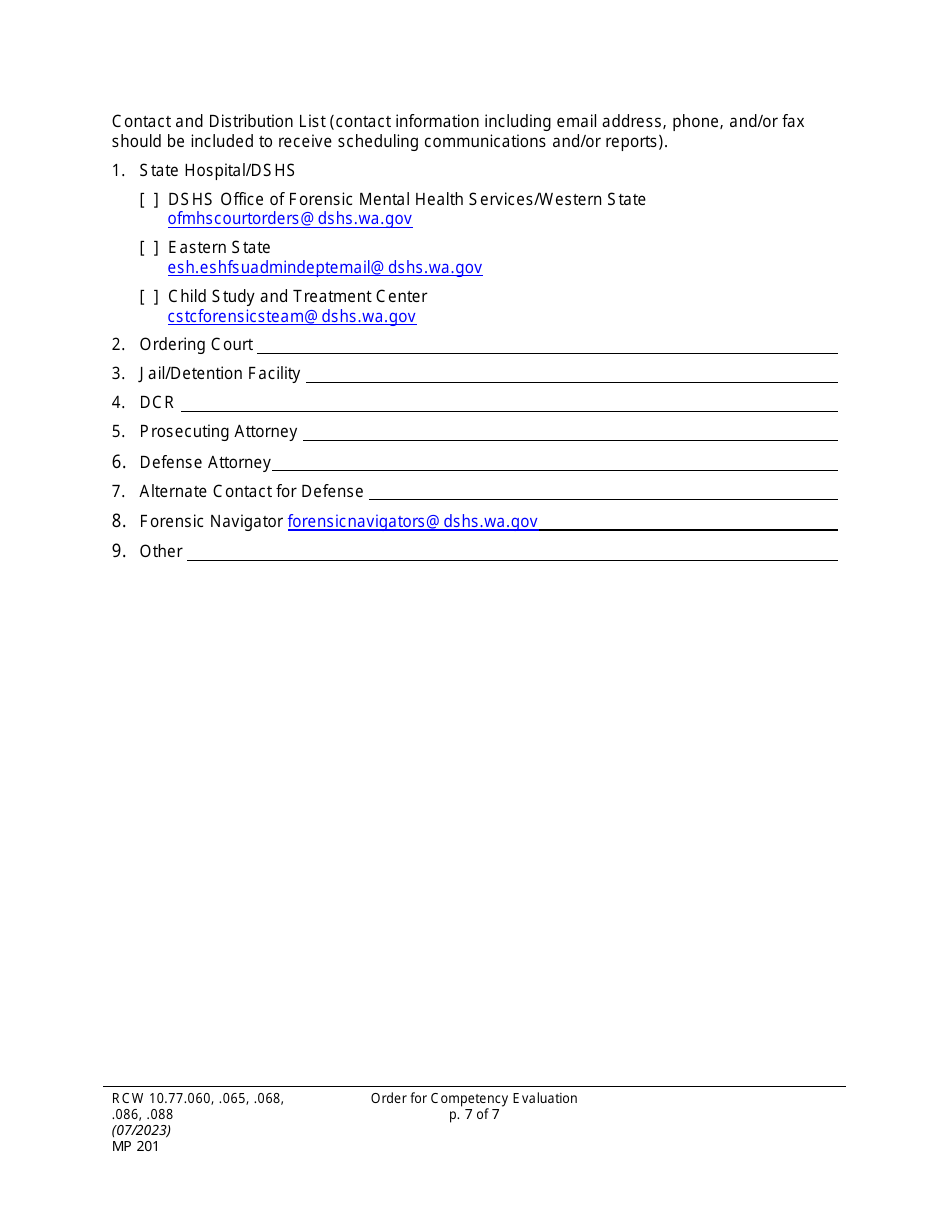 Form MP201 Order for Competency Evaluation Under Rcw 10.77.060 - Washington, Page 7