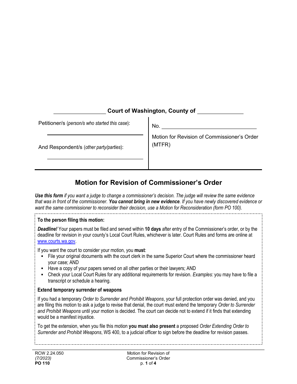 Form PO110 Motion for Revision of Commissioners Order - Washington, Page 1