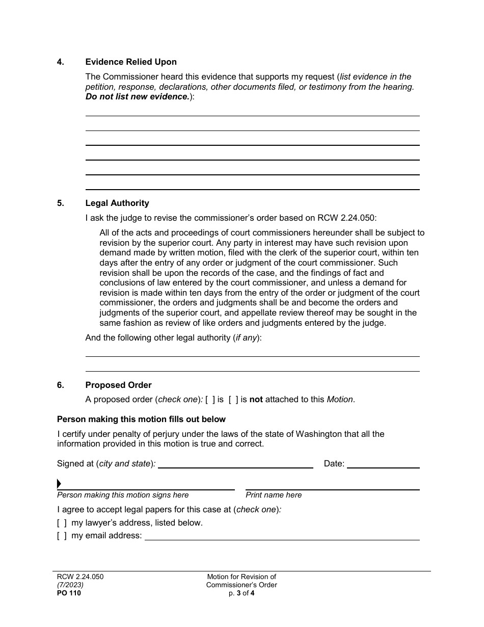 Form PO110 Motion for Revision of Commissioners Order - Washington, Page 3