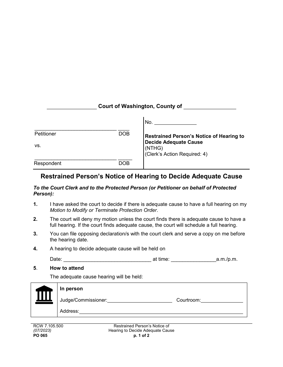 Form PO065 Restrained Persons Notice of Hearing to Decide Adequate Cause - Washington, Page 1