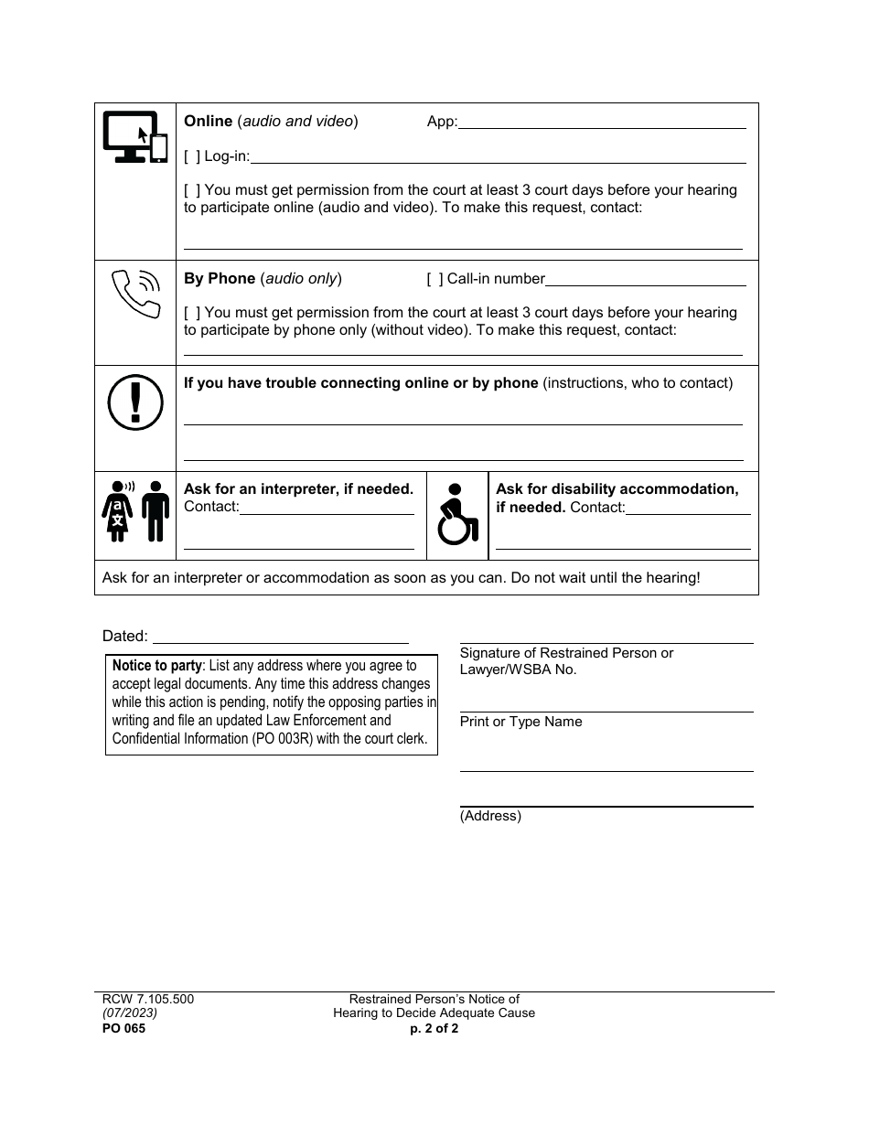 Form PO065 Restrained Persons Notice of Hearing to Decide Adequate Cause - Washington, Page 2