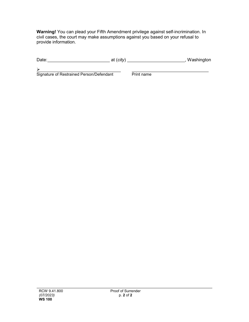 Form WS100 Download Printable PDF or Fill Online Proof of Surrender ...