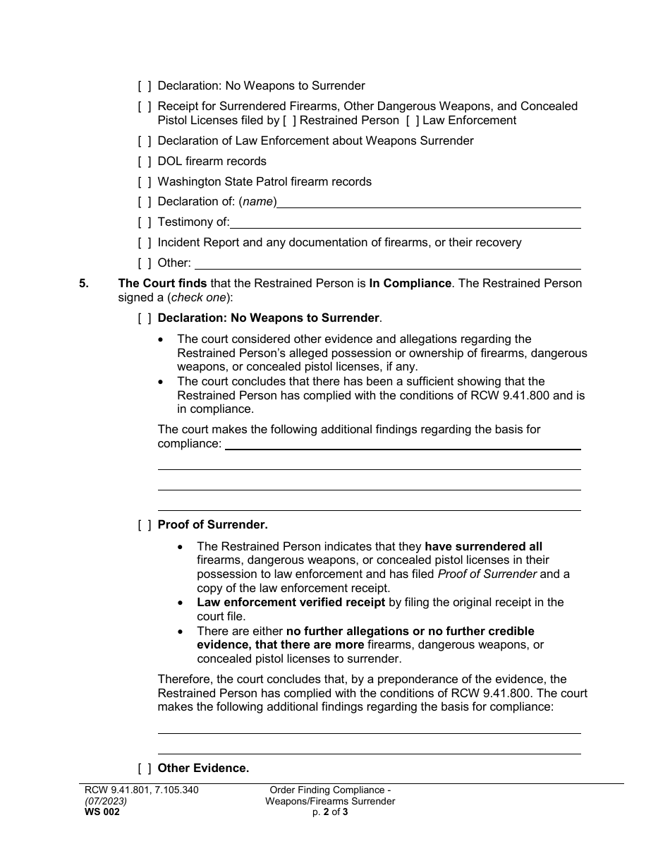 Form WS002 Order Finding Compliance - Weapons / Firearms Surrender - Washington, Page 2