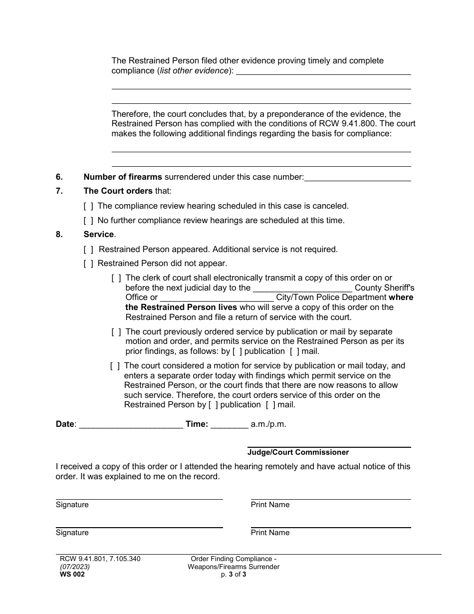 Form WS002 Order Finding Compliance - Weapons / Firearms Surrender - Washington, Page 3