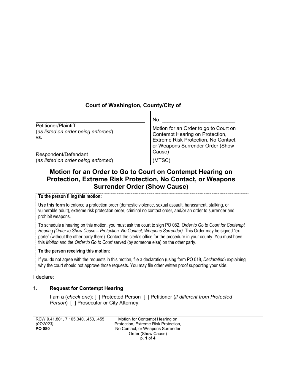 Form PO080 Motion for an Order to Go to Court on Contempt Hearing on Protection, Extreme Risk Protection, No Contact, or Weapons Surrender Order (Show Cause) - Washington, Page 1