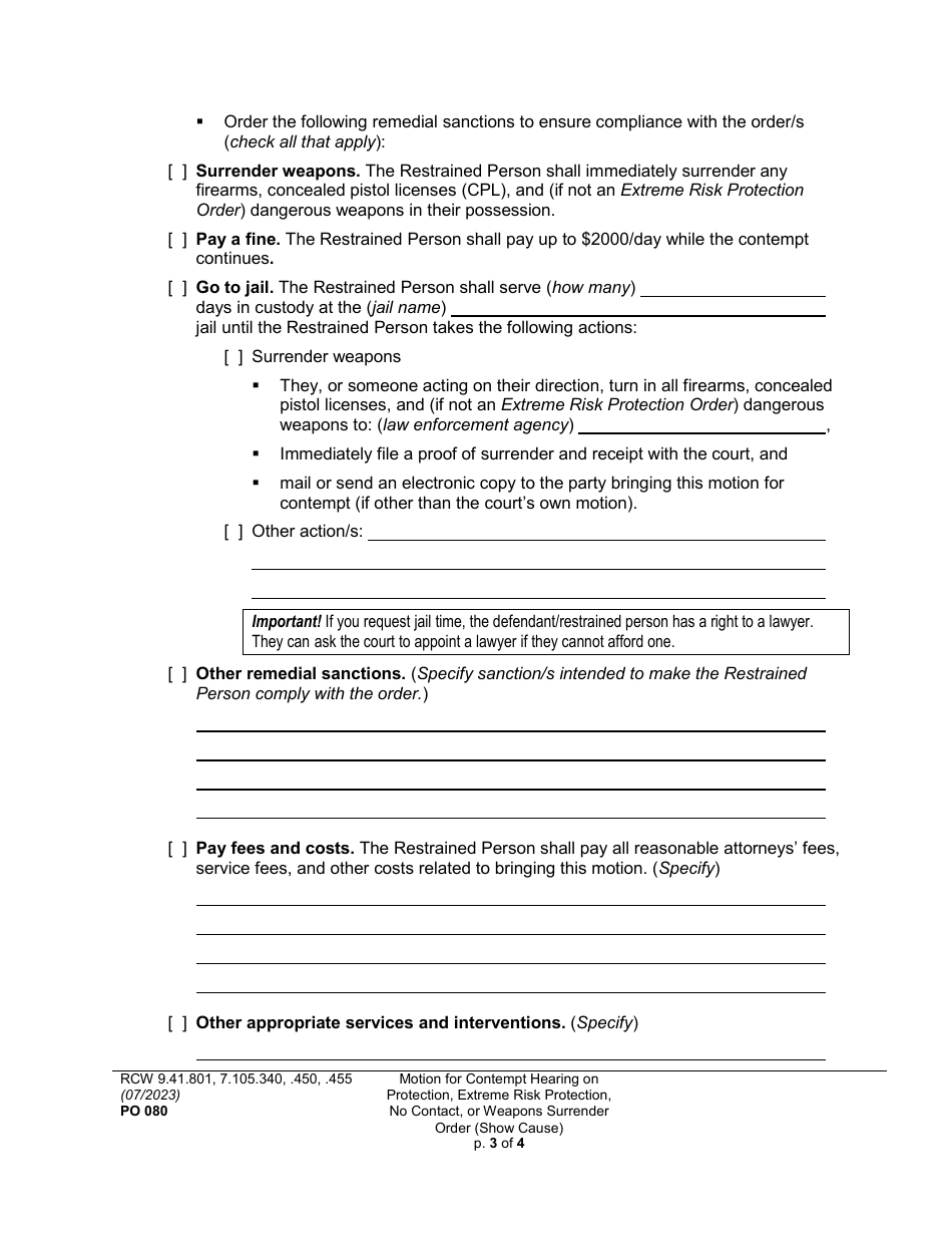 Form PO080 Motion for an Order to Go to Court on Contempt Hearing on Protection, Extreme Risk Protection, No Contact, or Weapons Surrender Order (Show Cause) - Washington, Page 3