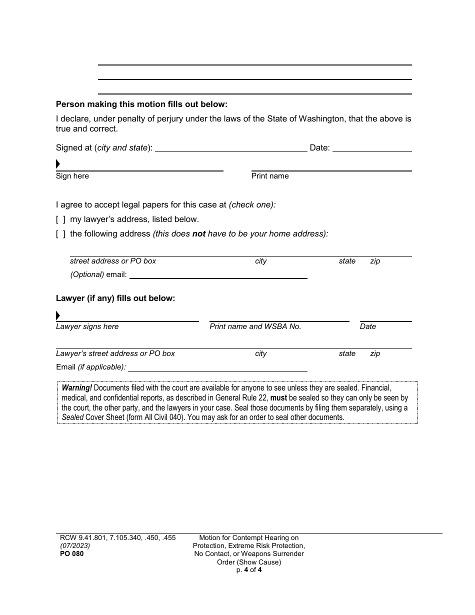 Form PO080 Motion for an Order to Go to Court on Contempt Hearing on Protection, Extreme Risk Protection, No Contact, or Weapons Surrender Order (Show Cause) - Washington, Page 4