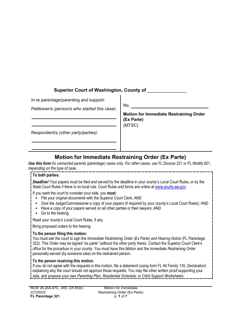 Form FL Parentage321 Motion for Immediate Restraining Order (Ex Parte) - Washington