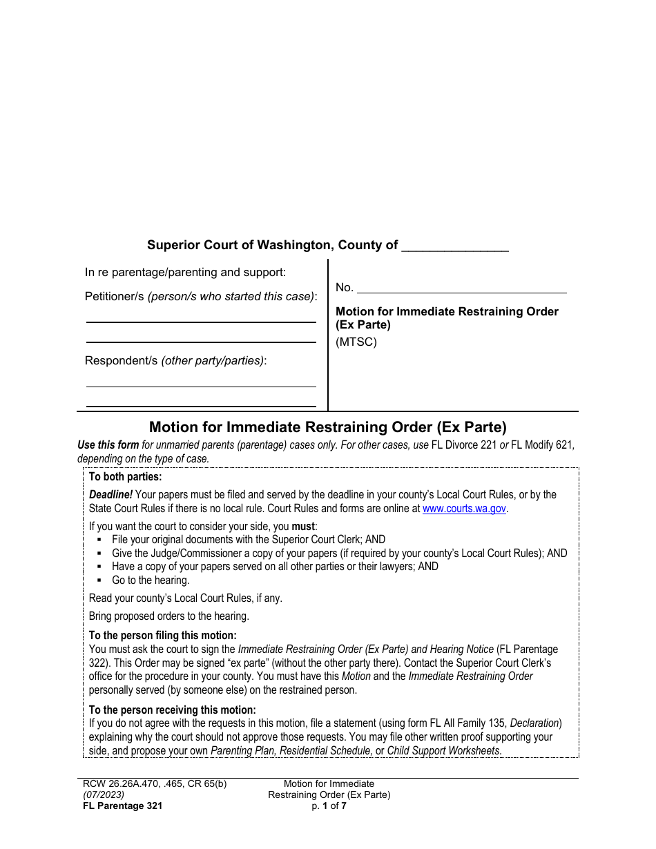 Form FL Parentage321 Motion for Immediate Restraining Order (Ex Parte) - Washington, Page 1