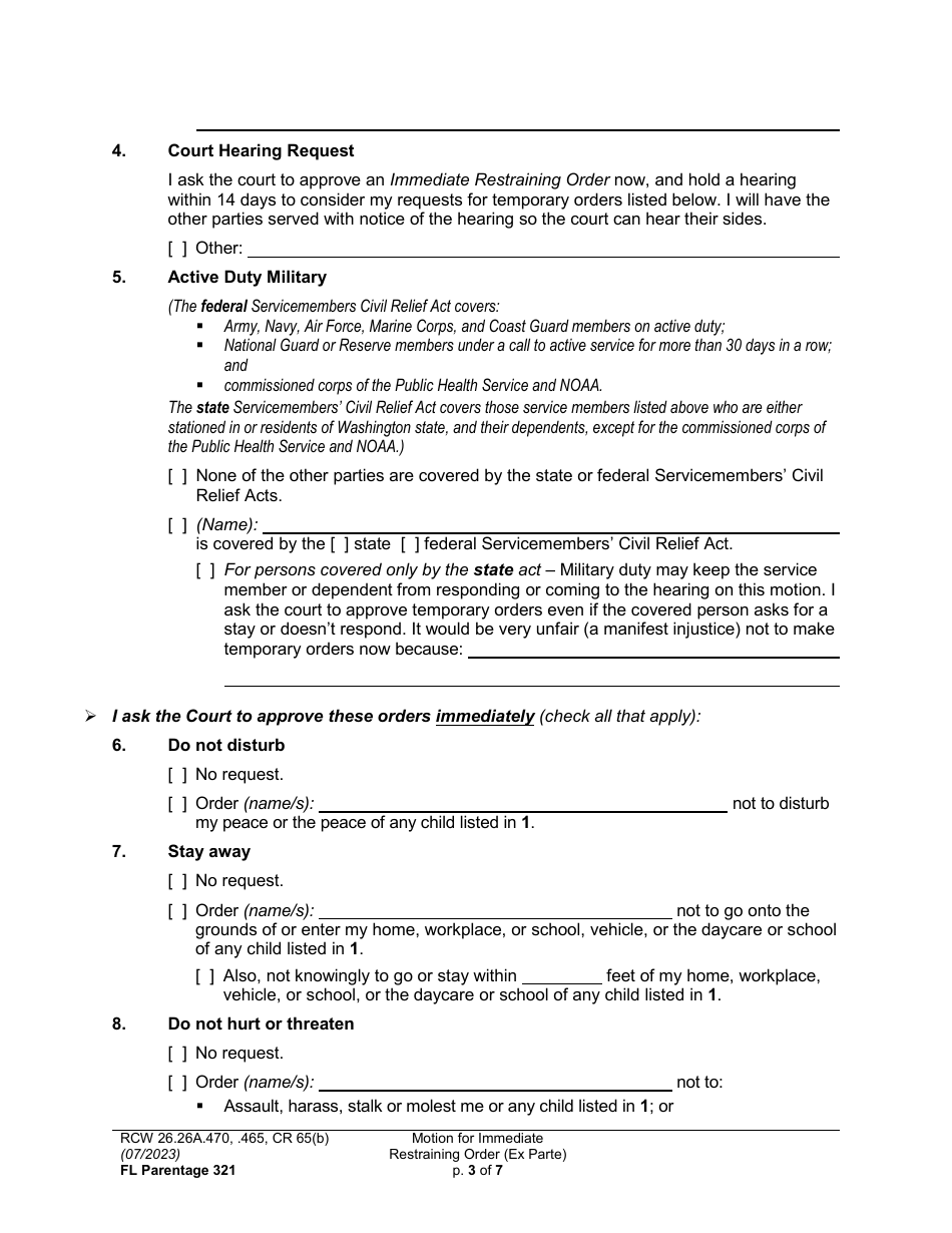 Form FL Parentage321 Motion for Immediate Restraining Order (Ex Parte) - Washington, Page 3