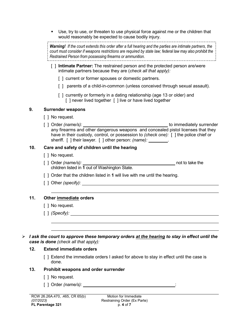 Form FL Parentage321 Motion for Immediate Restraining Order (Ex Parte) - Washington, Page 4