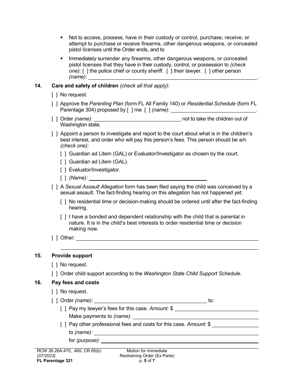 Form FL Parentage321 Motion for Immediate Restraining Order (Ex Parte) - Washington, Page 5