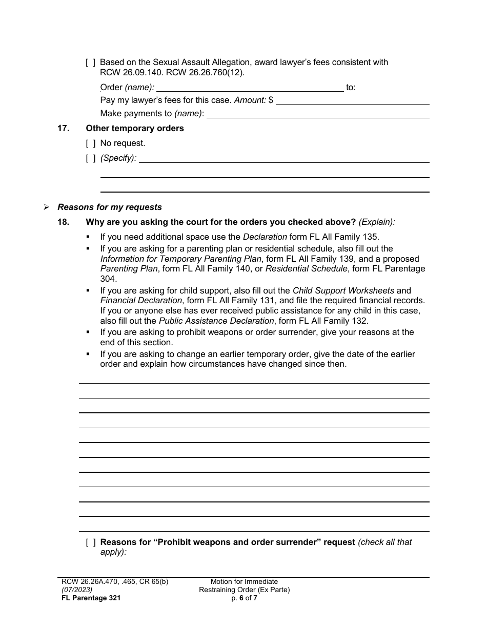 Form FL Parentage321 Motion for Immediate Restraining Order (Ex Parte) - Washington, Page 6