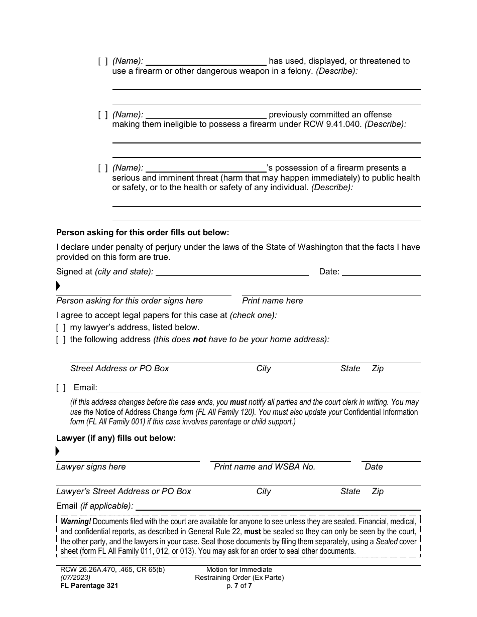 Form FL Parentage321 Motion for Immediate Restraining Order (Ex Parte) - Washington, Page 7