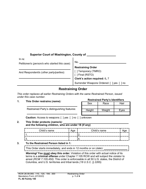 Form FL All Family150 Restraining Order - Washington