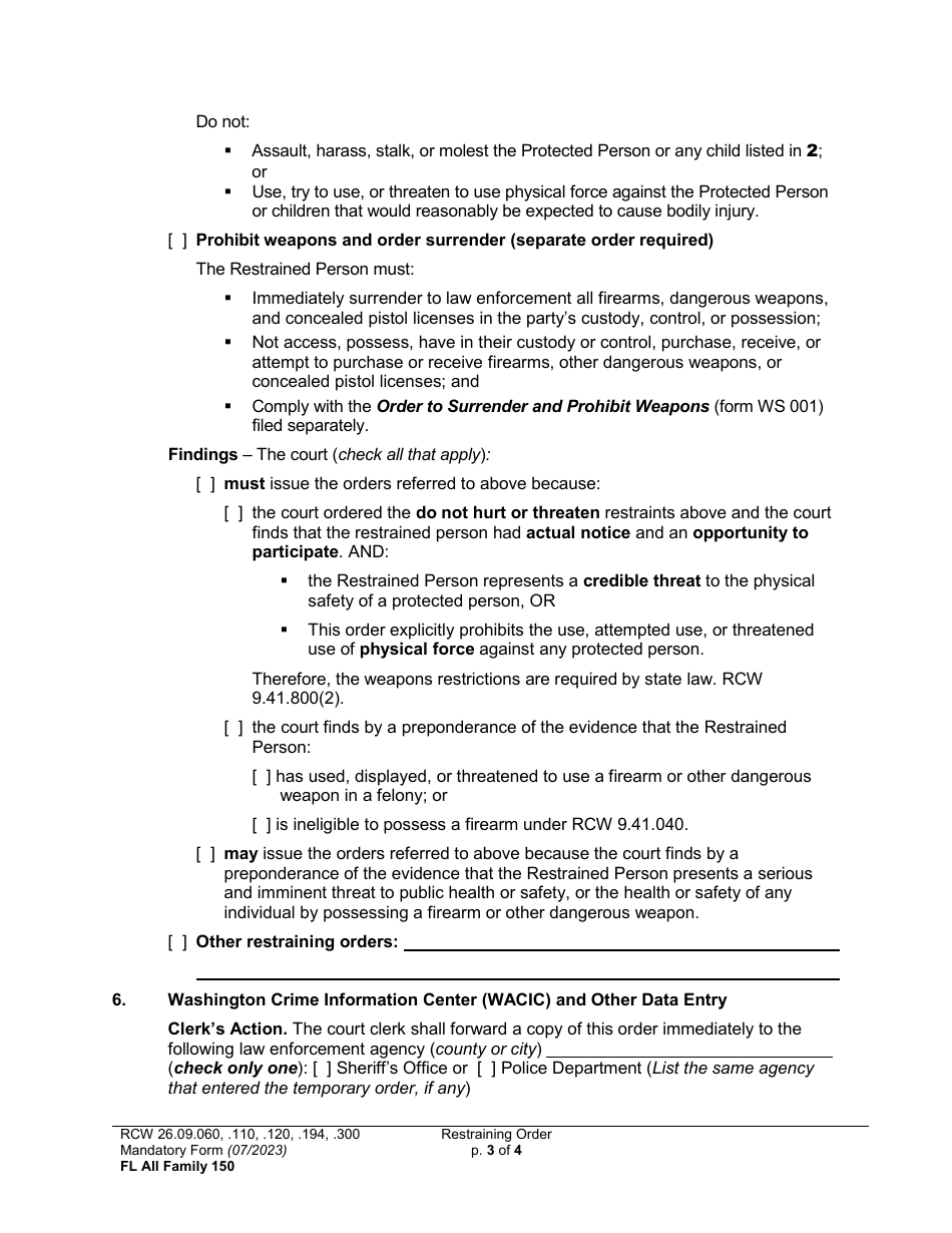Form FL All Family150 Restraining Order - Washington, Page 3