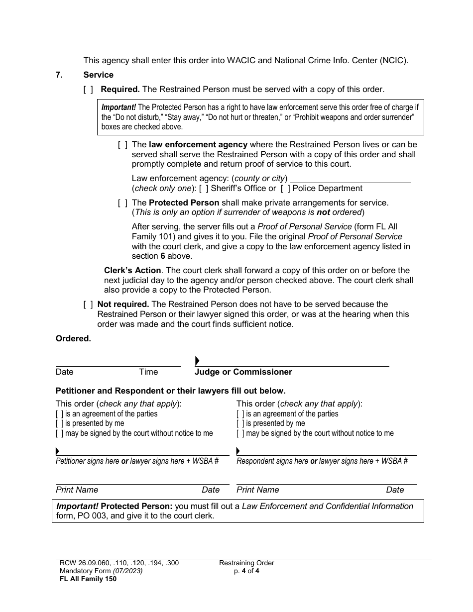 Form FL All Family150 Restraining Order - Washington, Page 4