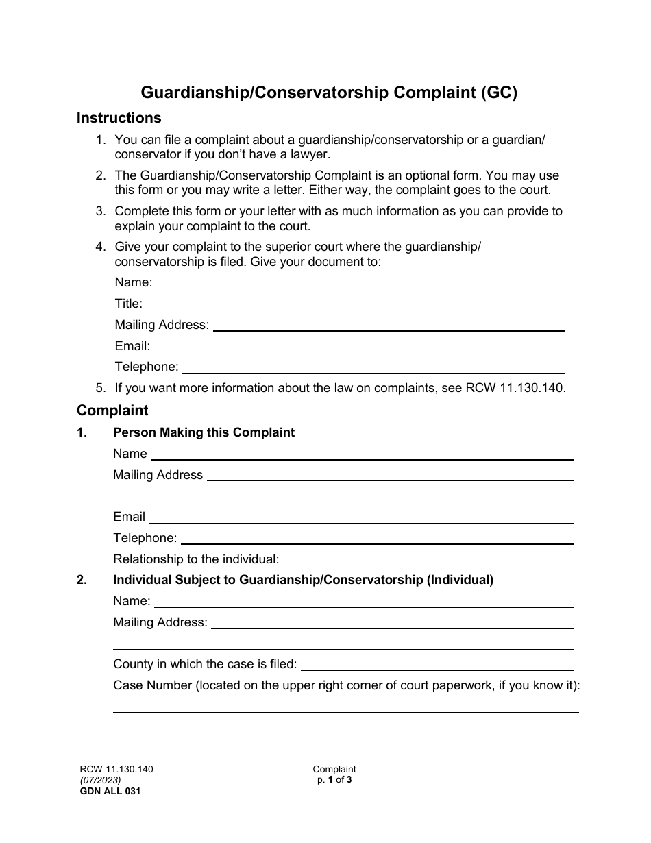 Form GDN ALL031 Guardianship / Conservatorship Complaint (Gc) - Washington, Page 1