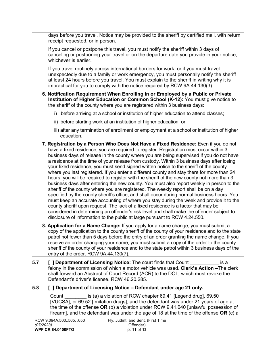 Form WPF CR84.0400FTO Felony Judgment and Sentence - First-Time Offender - Washington, Page 11