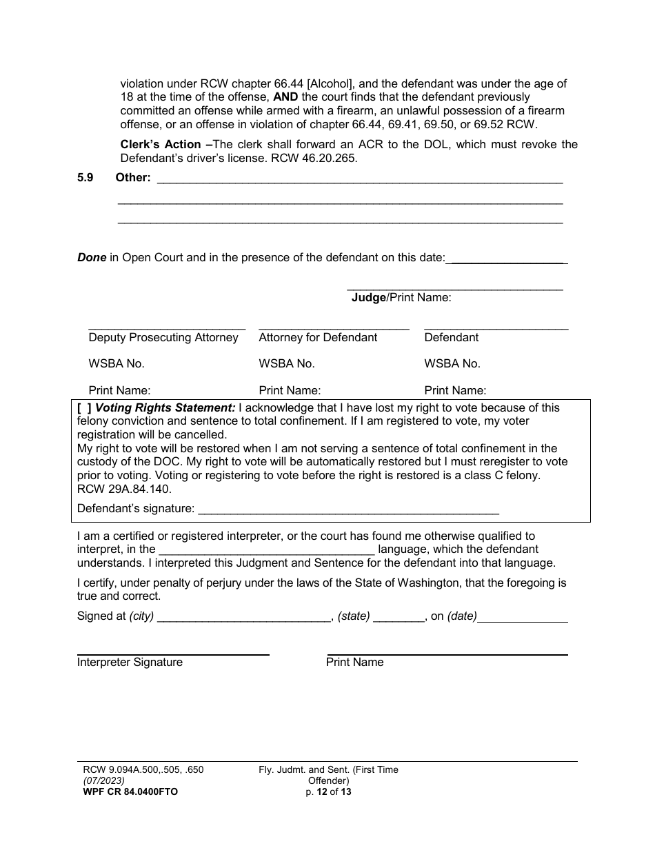 Form WPF CR84.0400FTO Felony Judgment and Sentence - First-Time Offender - Washington, Page 12