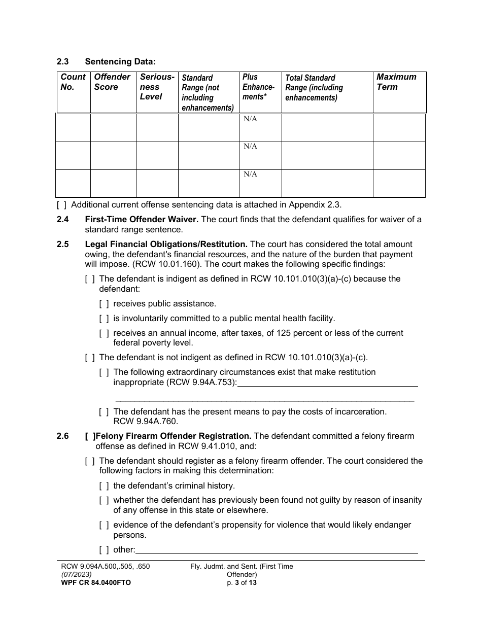Form WPF CR84.0400FTO Felony Judgment and Sentence - First-Time Offender - Washington, Page 3