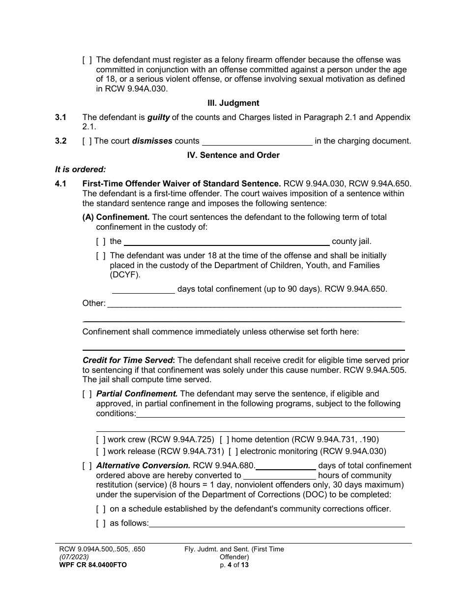 Form WPF CR84.0400FTO Felony Judgment and Sentence - First-Time Offender - Washington, Page 4