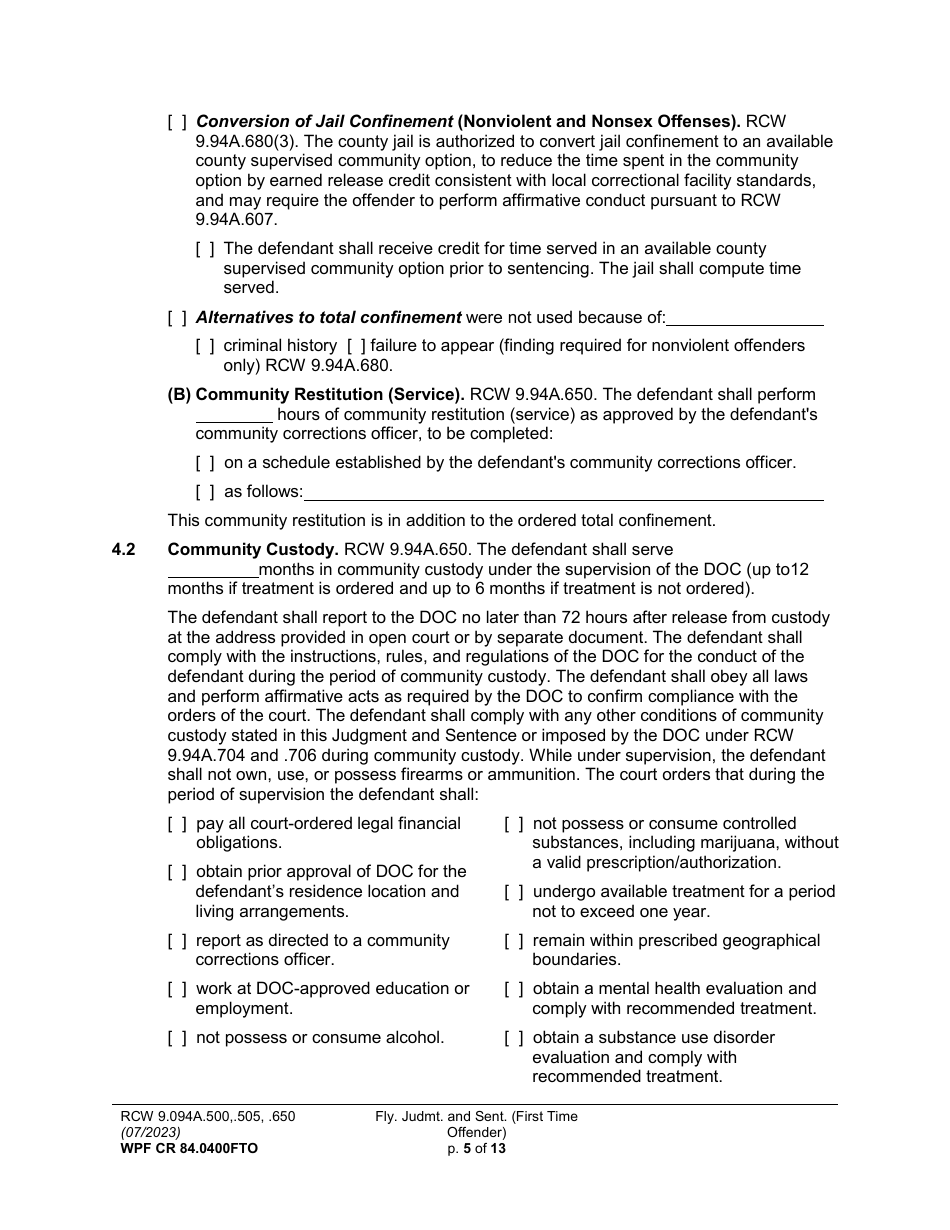 Form WPF CR84.0400FTO Felony Judgment and Sentence - First-Time Offender - Washington, Page 5