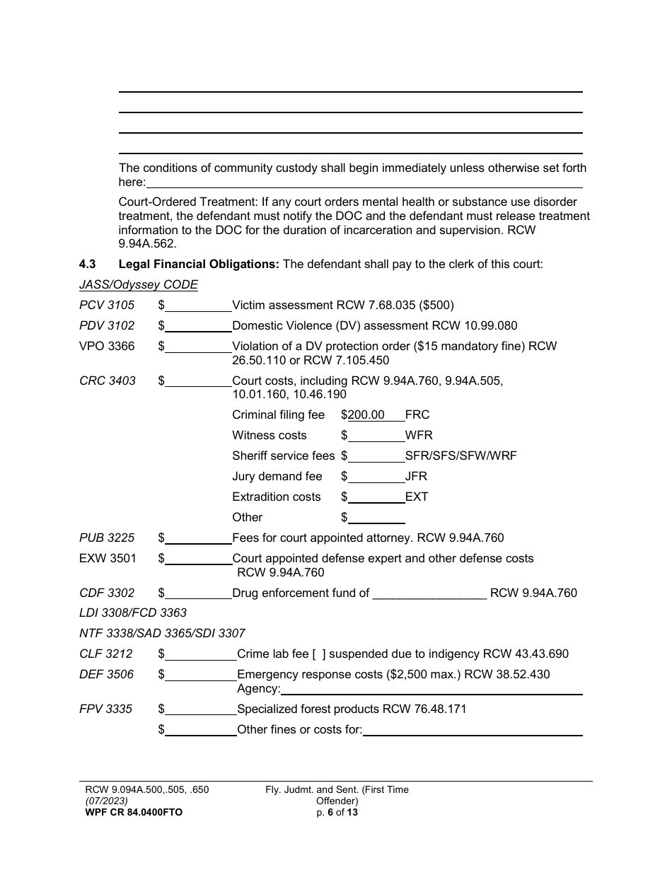 Form WPF CR84.0400FTO Felony Judgment and Sentence - First-Time Offender - Washington, Page 6