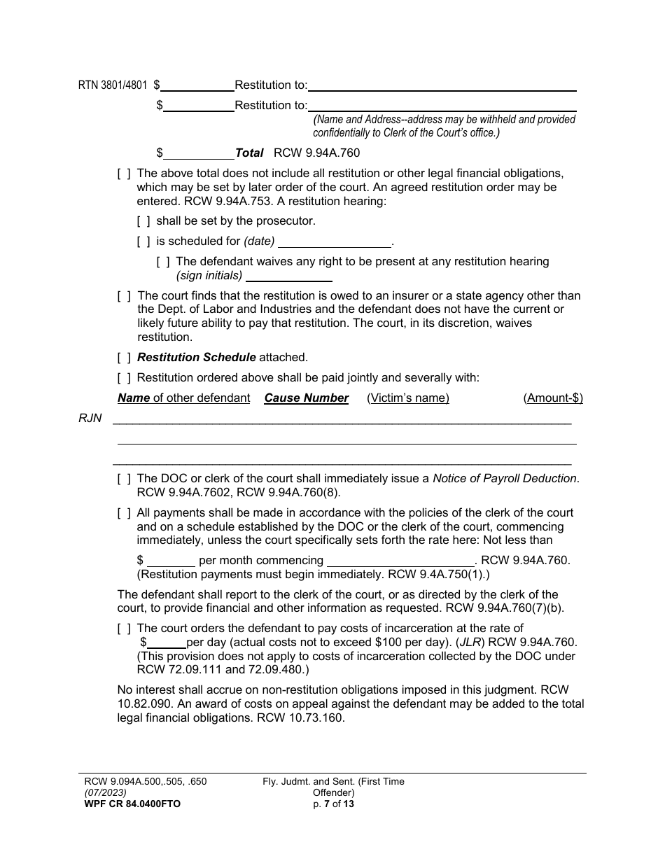 Form WPF CR84.0400FTO Felony Judgment and Sentence - First-Time Offender - Washington, Page 7