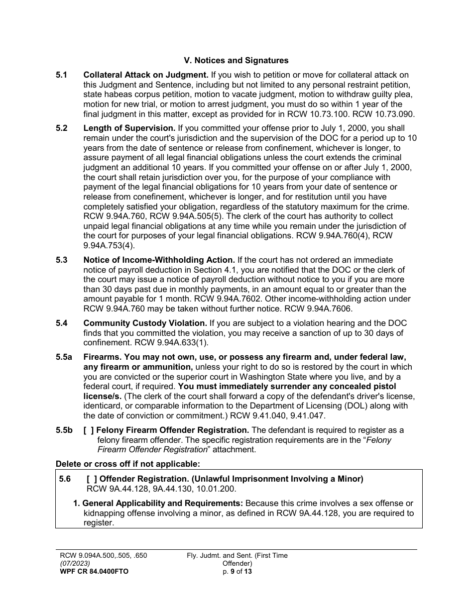 Form WPF CR84.0400FTO Felony Judgment and Sentence - First-Time Offender - Washington, Page 9