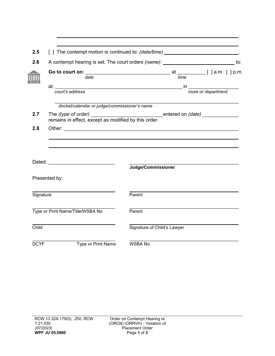 Form WPF JU05.0980 Order on Contempt Hearing Re Violation of Placement Order / Review Hearing - Washington, Page 3