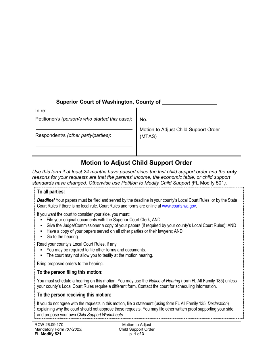 Form FL Modify521 Motion to Adjust Child Support Order - Washington, Page 1