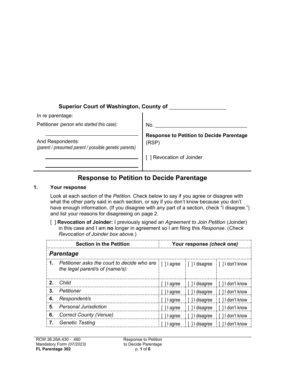 Form FL Parentage302 Response to Petition to Decide Parentage - Washington, Page 1