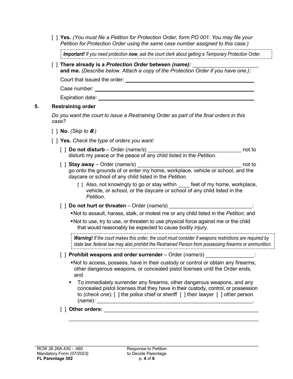 Form FL Parentage302 Response to Petition to Decide Parentage - Washington, Page 4