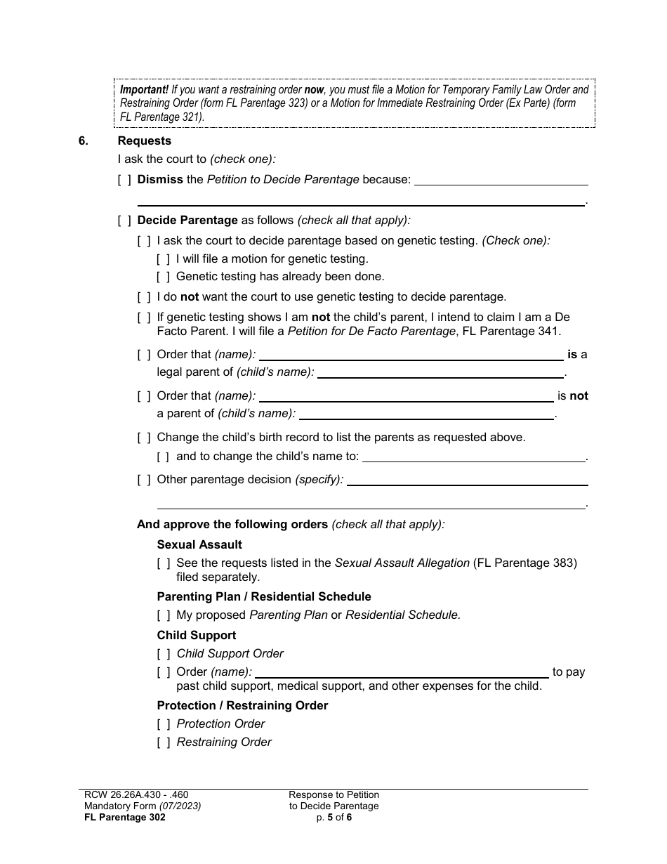 Form FL Parentage302 Response to Petition to Decide Parentage - Washington, Page 5